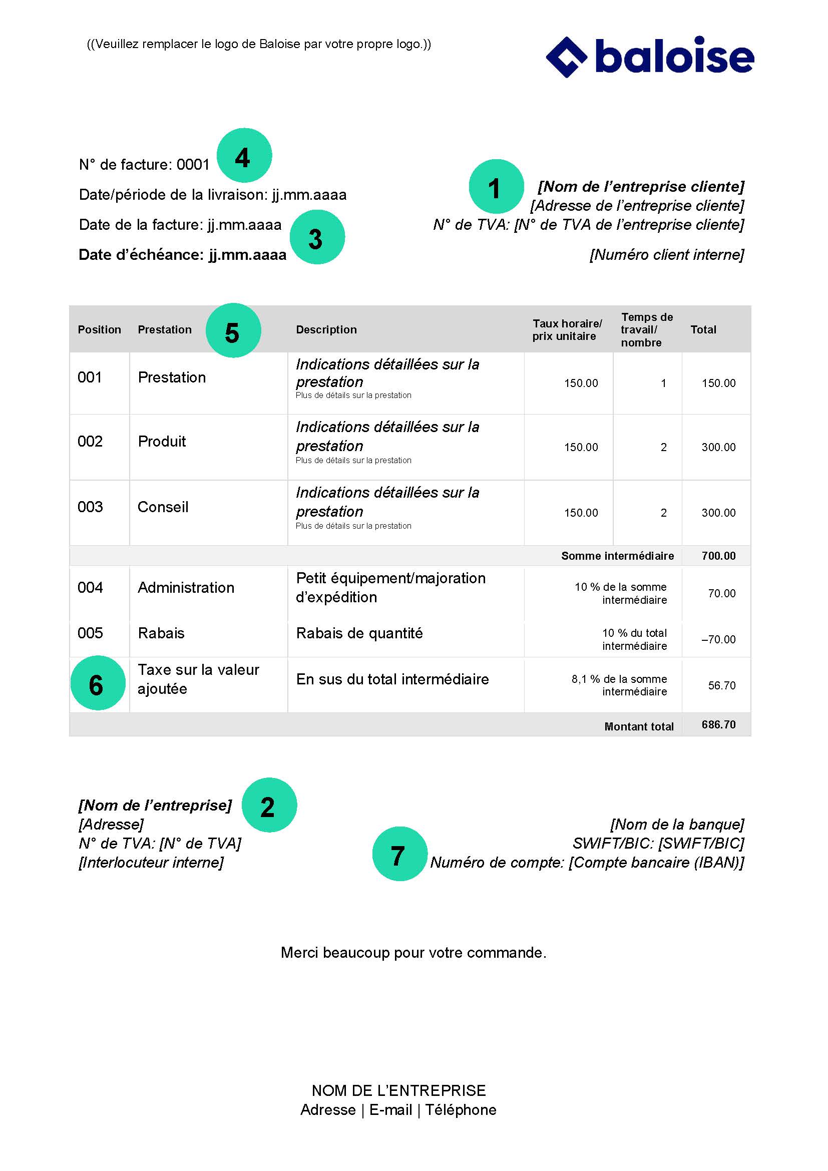 Template Facture Auto-entrepreneur Sans TVA A4 en Français 